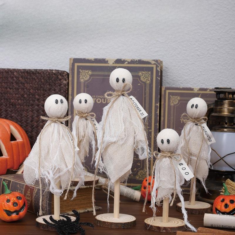 Halloween Decorations Indoor - Set of 3 Primitive Halloween Ghosts Dector on Wooden Stand for Table Centerpieces, Shelves