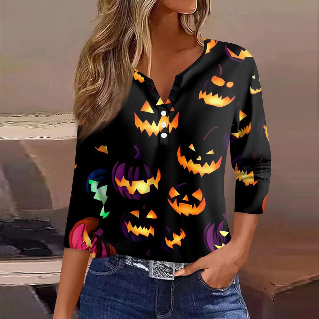 Dámské tričko Halloween potisk knoflík 3/4 rukáv tunika denní víkendová móda základní V-výstřih běžný top