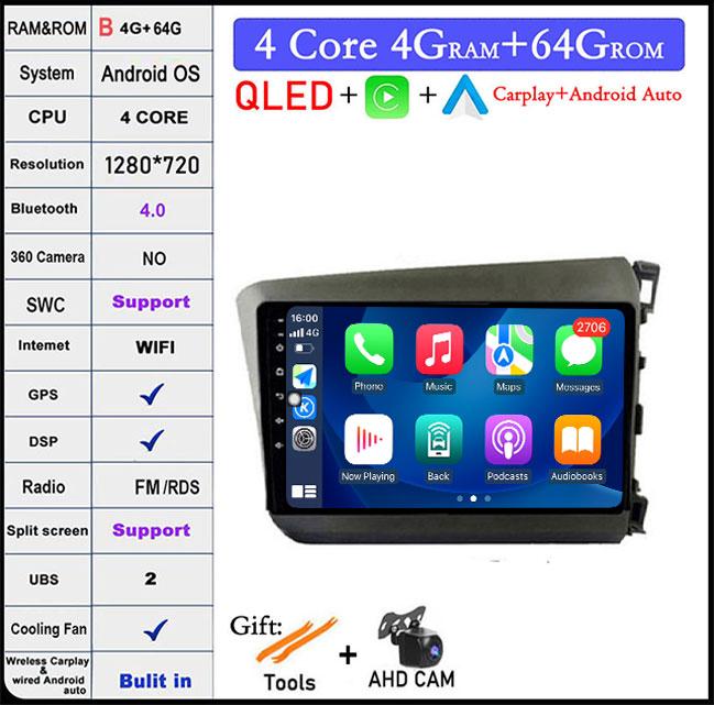 For HONDA INSIGHT 2 2009 2010 2011 2012 2013 2014 Android 14 Car Auto Radio Navi GPS Multimedia Player 4G+WIFI  Carplay Stereo