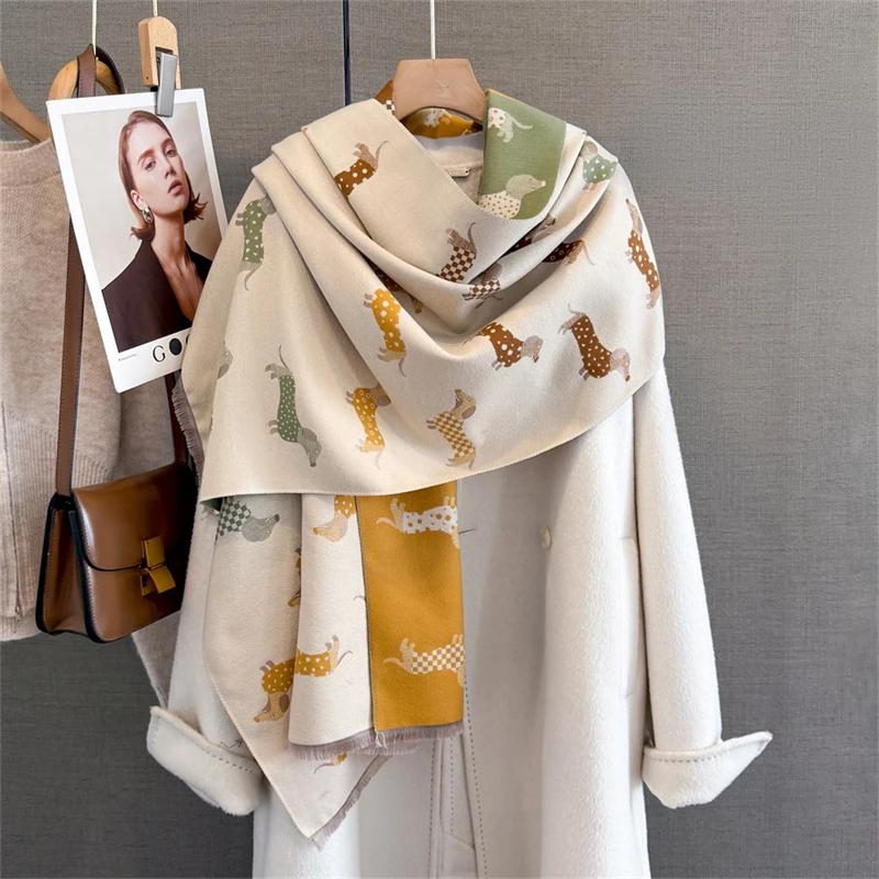 Winter Female Scarf Cashmere Shawls Wraps Women Dog Print Long Hijab Stoles Pashmina Bufanda Tassel Autumn Lady Headband