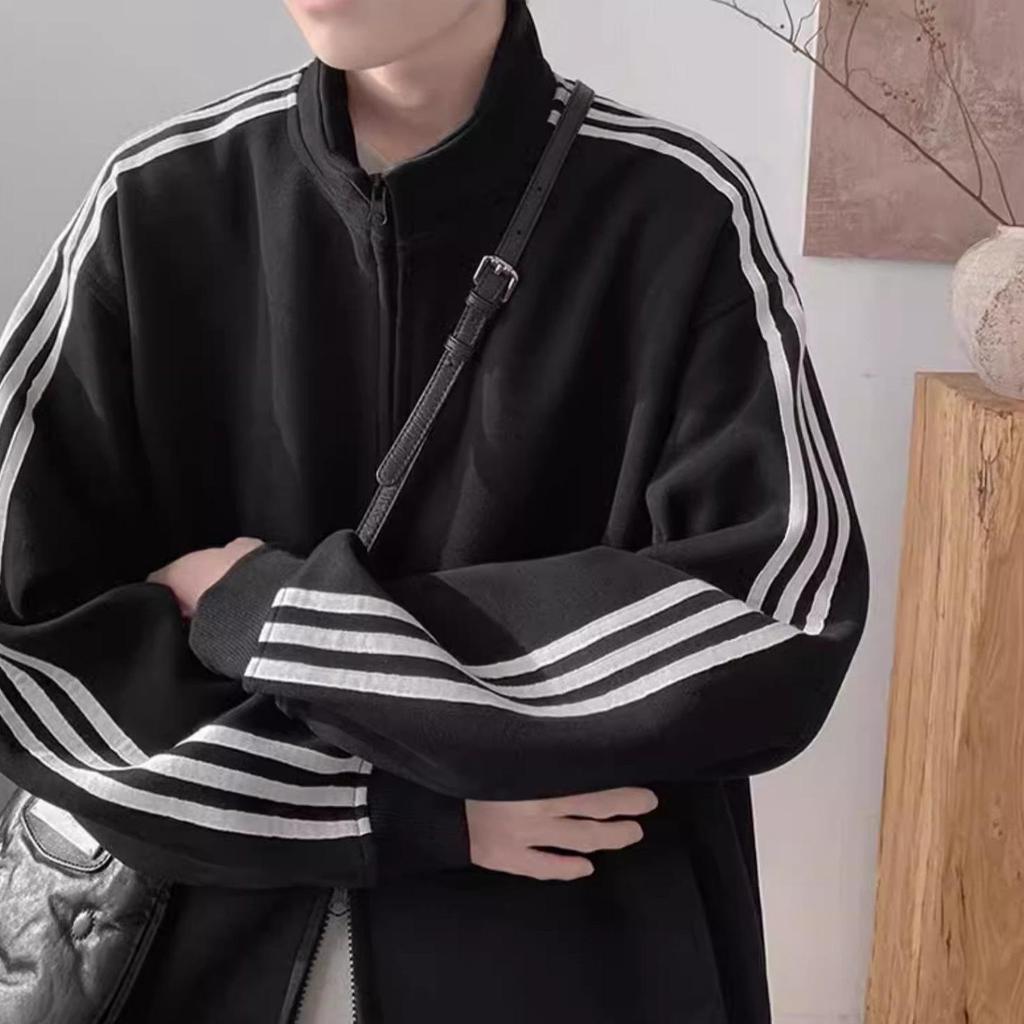 Men's Retro Color Block Stand Collar Jacket – Spring/Autumn Casual Sportswear with Three Stripes