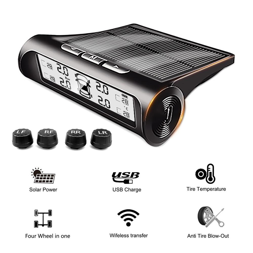 Smart bildekktrykksikkerhet Alarmovervåkingssystem TPMS 4 sensorer Smart Solar Display Dekktrykktemperaturadvarsel
