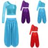 Girls Belly Dance Costume: Sheer Mesh Long Sleeve One Shoulder Side Zipper Sequins Crop Top & Wide-Leg Satin Bloomers Pants