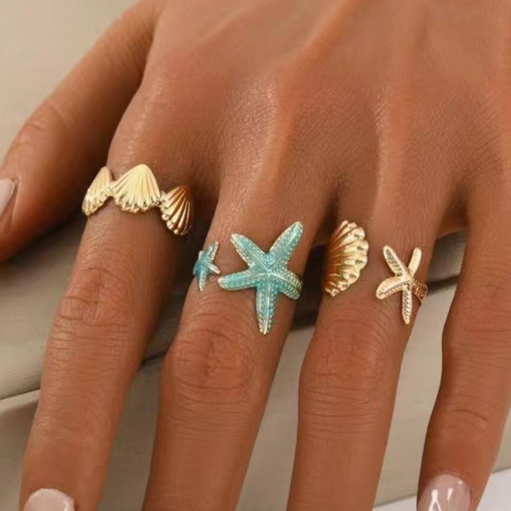 3pcs Set Bohemia Irregular Ocean Starfish Seashell Opening Rings for Women Summer Beach Vacation Jewelry Stacked Ring Accessory
