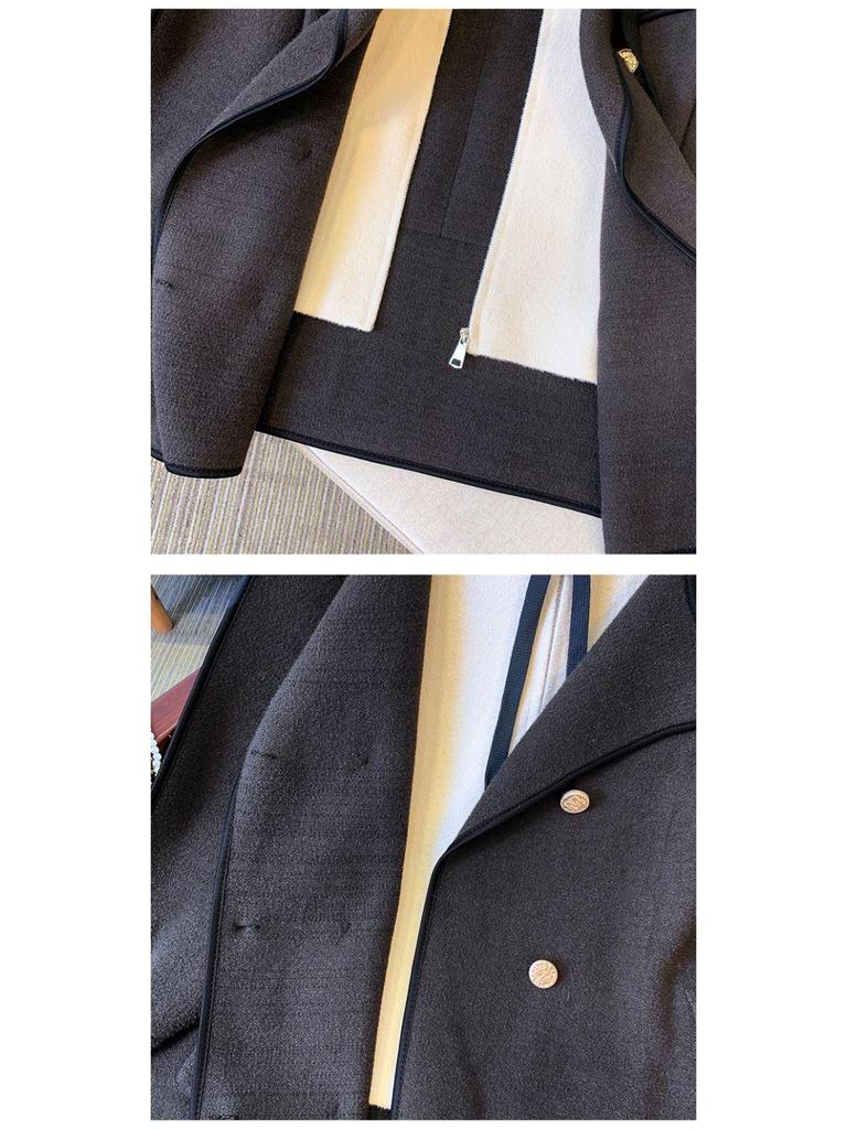 Dubbelsidig Huvförsedd Ullstickad Patchwork Smal Kofta