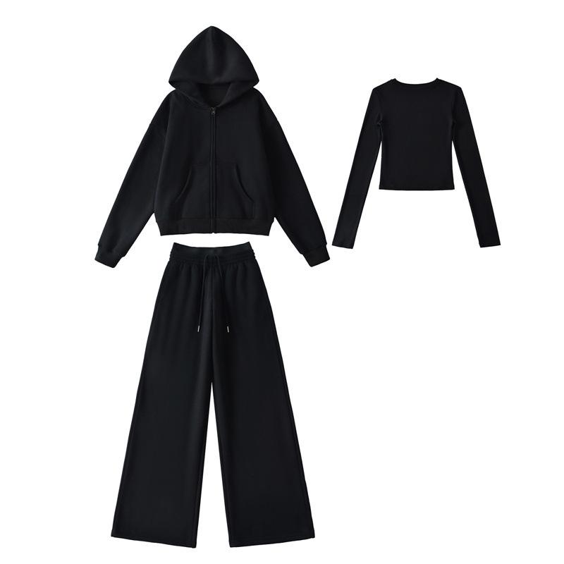 Women's Pink Sportswear Set: Round Neck Long Sleeve T-Shirt, Hooded Sweatshirt Jacket, and Wide Leg Sweatpants