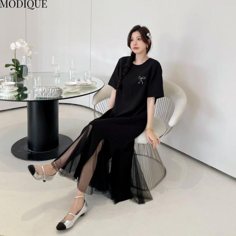 MODIQUE Summer Plus Size New Women Loose Elegant Solid Color Printing Mesh Hemline Long Dress Female Casual Short Sleeve O-Neck Dresses