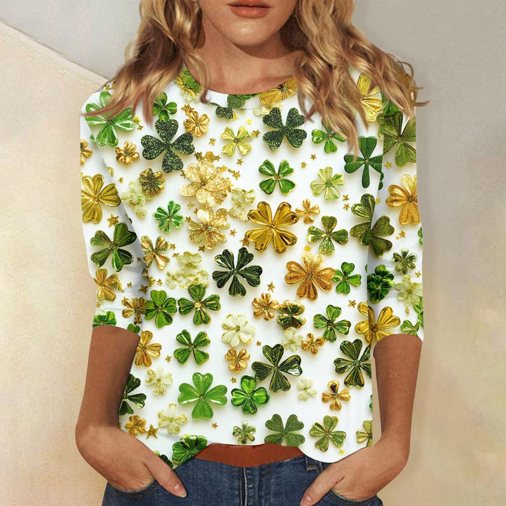 Women's Tops Three-quarter Sleeve Shirt Round-neck Loose Casual Shirt Print T-shirt