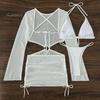 3Pcs/Set Women Bikini Set Halter Bra Lace-up Swimming Trunks Set with See-through Mesh Yarn Cover Up Dress
