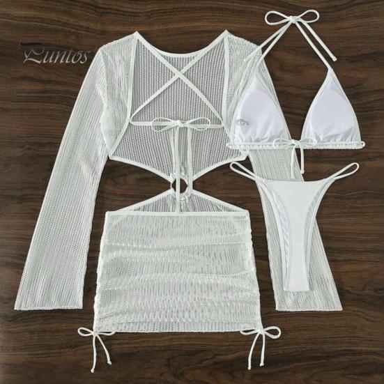3Pcs/Set Women Bikini Set Halter Bra Lace-up Swimming Trunks Set with See-through Mesh Yarn Cover Up Dress