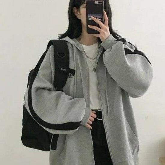 

Korean Color Block Embroidered Letter Zip-Up Fleece Hoodie for Women - Harajuku Style L