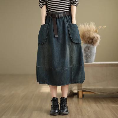 Retro Loose Denim Skirt Women's Spring and Summer Elastic Waist Casual A-line Skirt