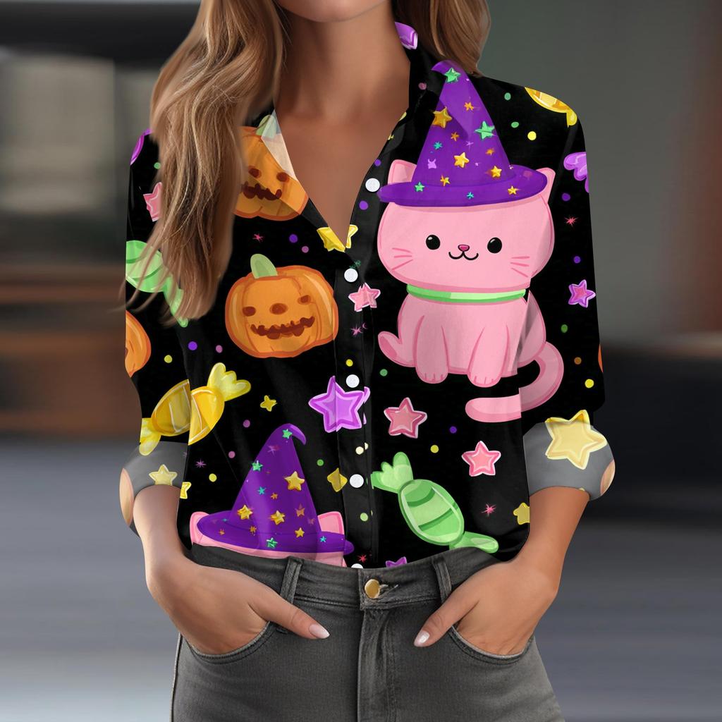 Damen Halloween Bedrucktes Lässiges Halbgeöffneter Kragen Langarmhemd