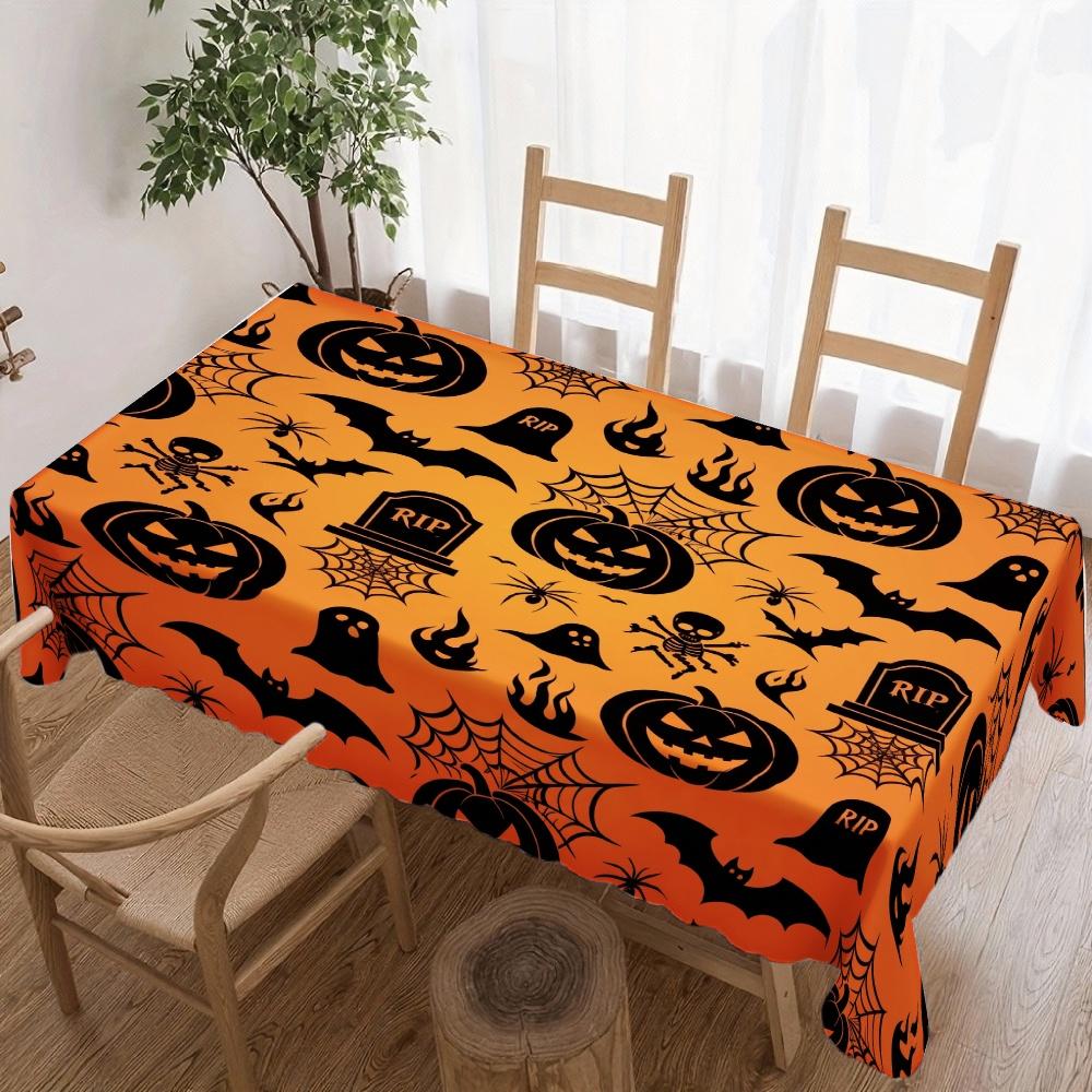Halloween Rectangle Table Cloth Pumpkin Bat Spider Ghost Tombstone Tablecloth Reusable for Kitchen Dining Halloween Decoration