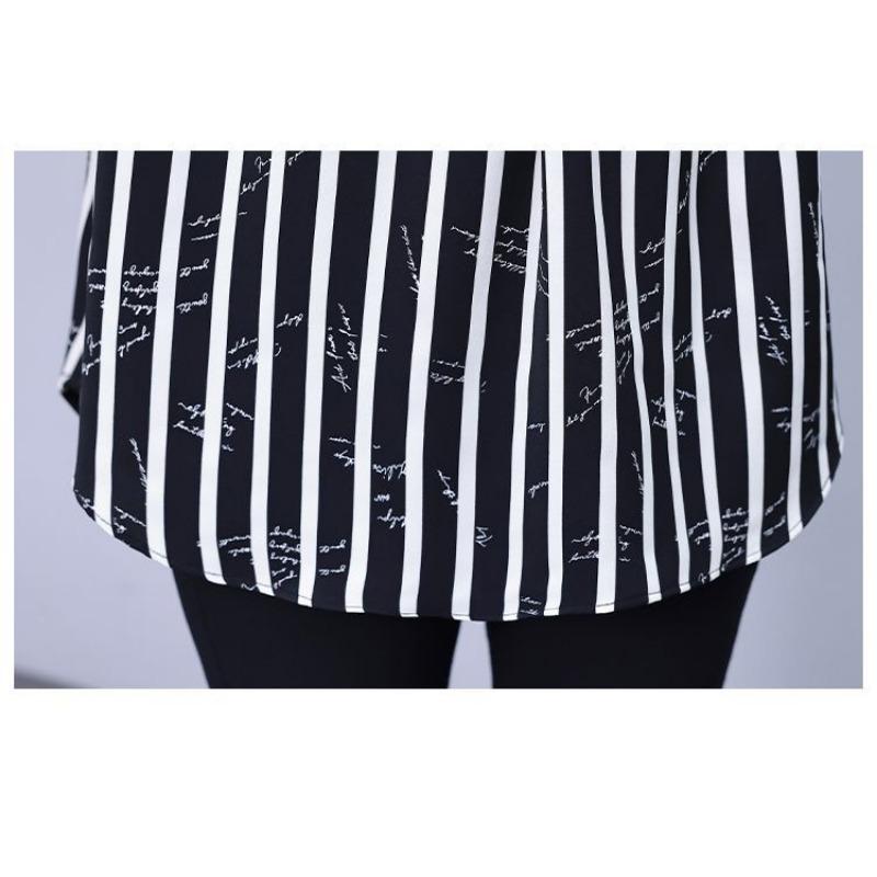 Middellange Verticaal Gestreepte Blouse voor Dames Vroege Herfst Nieuw Groot Maat Los en Stijlvol Kraag Dames T-shirt