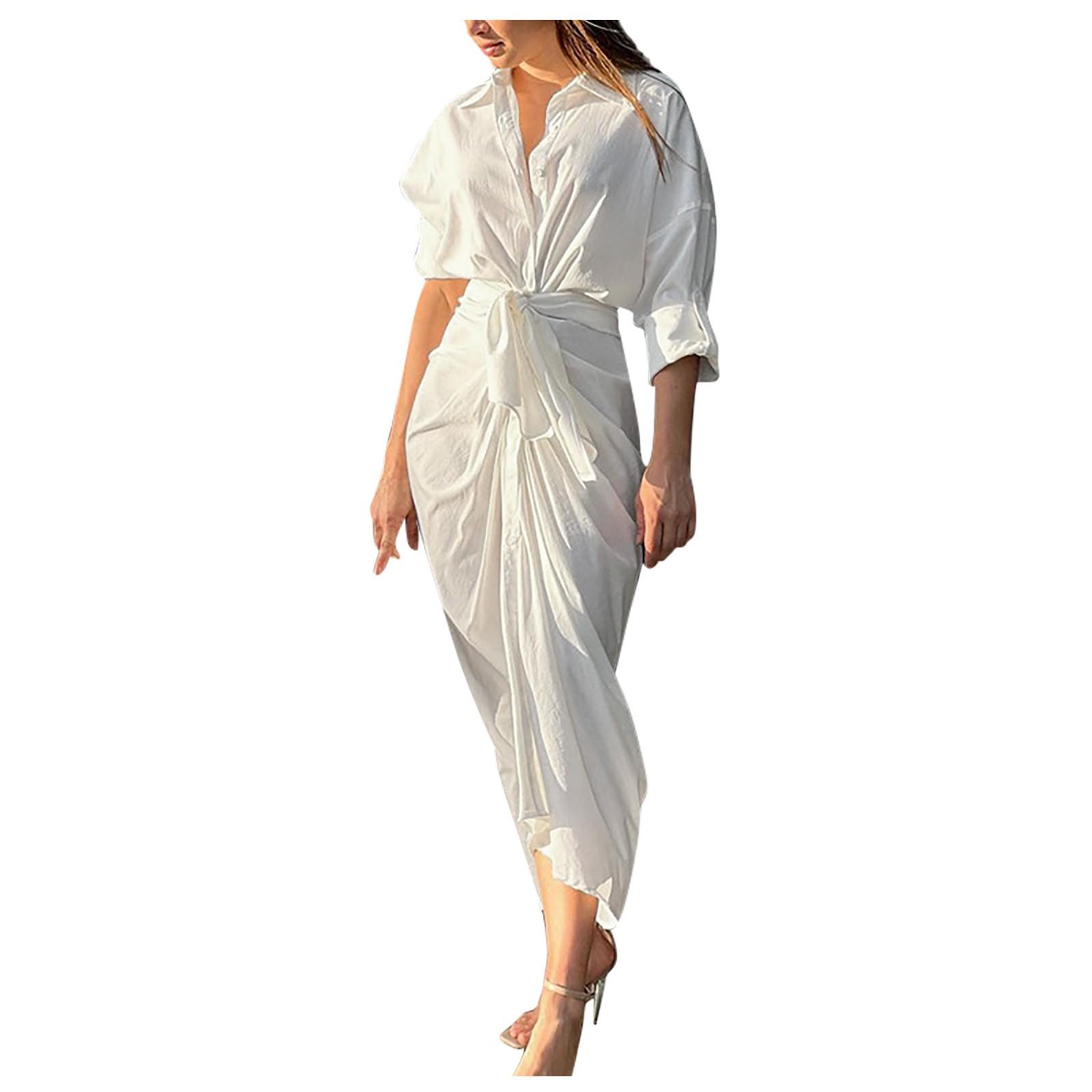 

Модное женское однотонное платье-рубашка средней длины с длинным рукавом XL белый