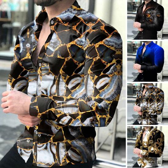 Cuello vuelto Manga Larga Camisa de Hombre Puños con Botón Estampado Cielo Estrellado Slim Camisa de Oficina Ropa Masculina