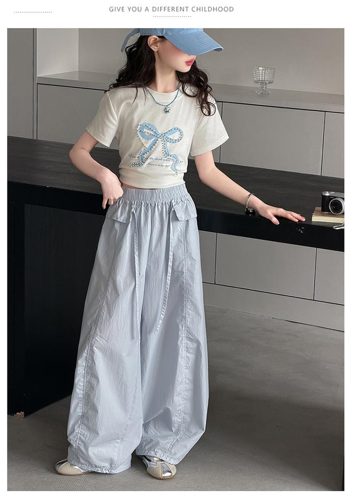 Girls' 2026 New Summer Korean Edition Elastic Waist Wide Leg Pants Cotton Thin Casual Pants Relaxing Air Ball Pants