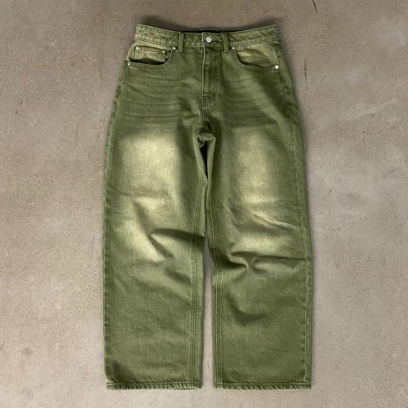 Y2K Street Matcha Džínové Kalhoty Kapsa Zelená Kulička Výšivka Džínové Kalhoty Londýnský High Street Trend Streetwear Unisex Volné Džíny