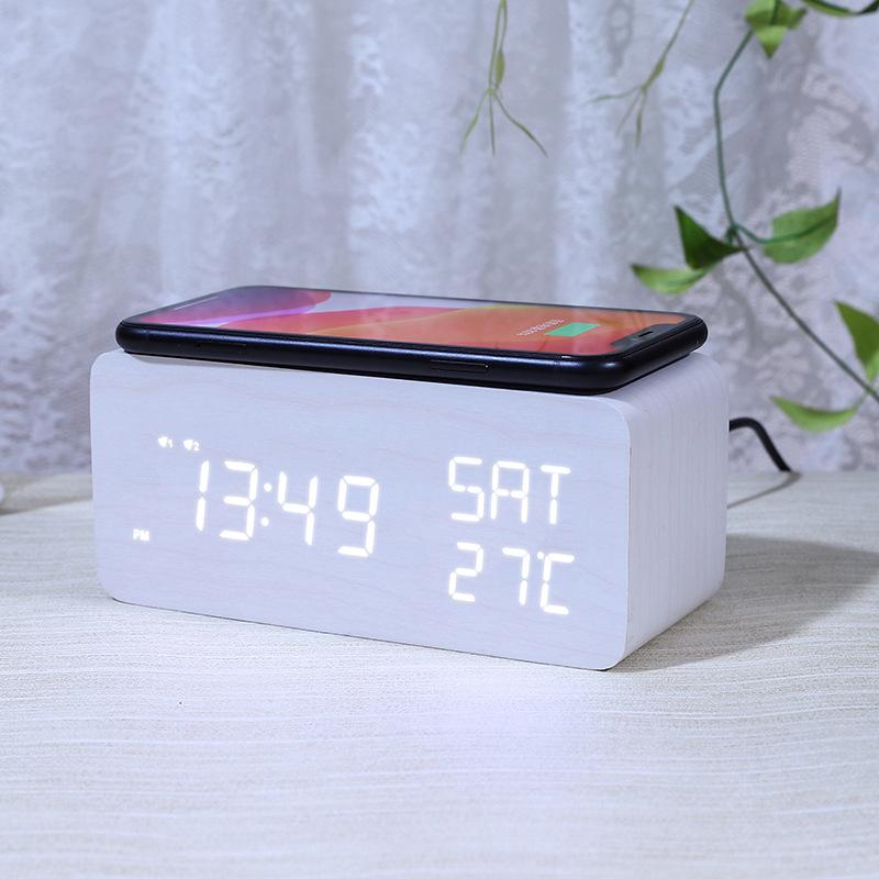 Wireless Charging Electronic Clock Creative Wooden Wireless Charging Clock Digital Clock Perpetual Calendar Sleep Alarm Clock