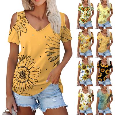 Damska letnia modna, swobodna, słonecznikowa, bez ramiączek, dekolt w serek, krótki rękaw, T-shirt