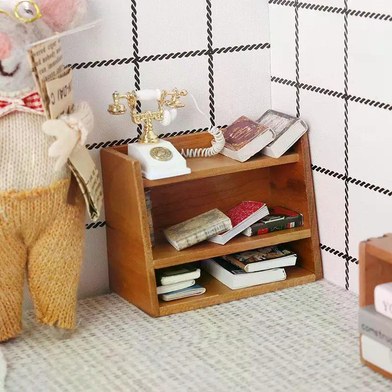 1: 12 Dollhouse Mini Cherry Wood Display Shelf Cabinet Miniature Storage Rack Doll House Furniture Model Toys
