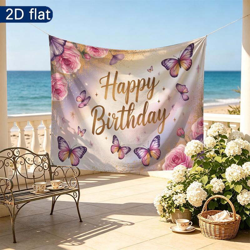 Birthday Floral Butterfly Party Backdrop, Polyester Banner for Wall Decor & Photo Props