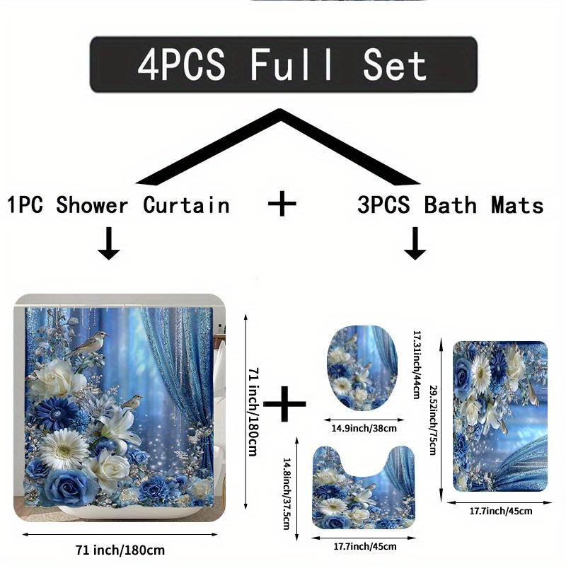 4pcs Blue And White Flower Bird Dream Window Printed Shower Curtain Set, Ring Multi Size, Decorative Bathroom Set Includes
