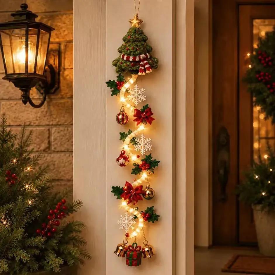 LED Gloeiende Kerstman Kerst Deurhanger Gebreide Spiraalvormige Hanger met Belletjes Sneeuwvlokken Feestelijke Muur Raam Decoratie 2026