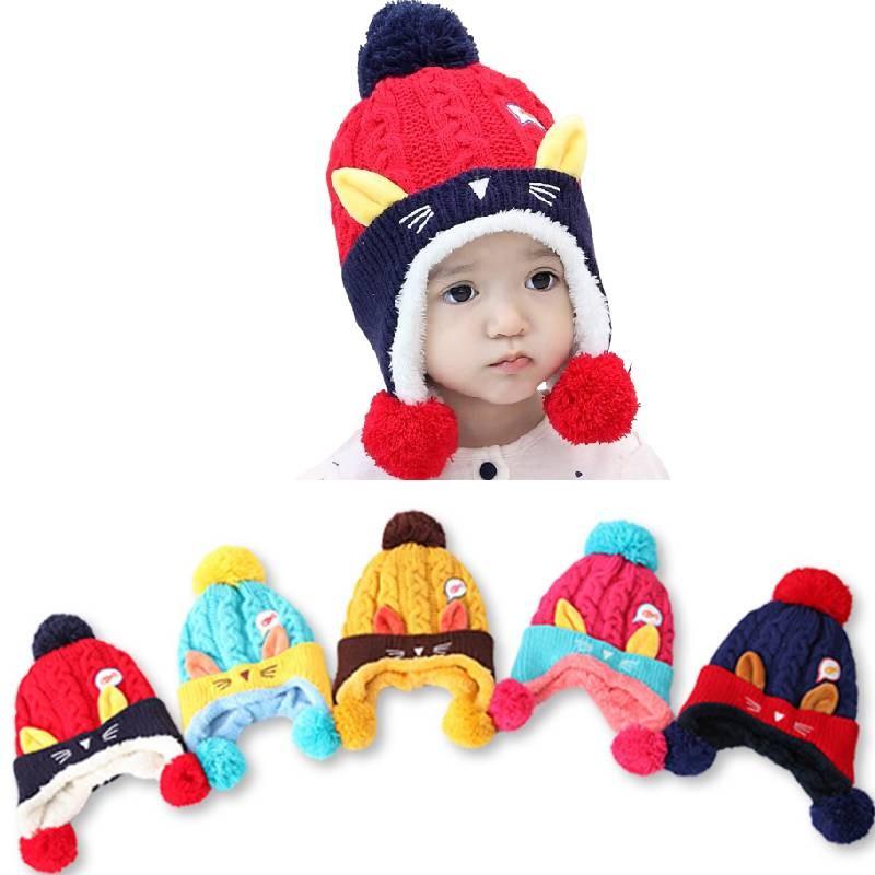 Cozy Baby Knitted Hat For Winter With Cute Cat Design Thickened Plush Ears Suitable For Boys And Girls Aged 5 To 24 Months Available In Red Yellow