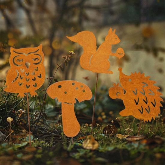 Yousheng Animal Silhouette Garden Stakes Rusty Iron Hedgehog Stakes Planter Insert Owl Squirrel Mushroom Stakes for Window Box Flower Pot Bonsai