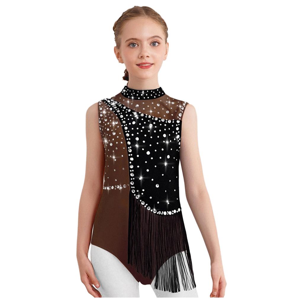 Girls Color Block Gymnastics Leotard with Mock Neck & Keyhole Back, Shiny Rhinestones & Tassels for Dance & Figure Skating