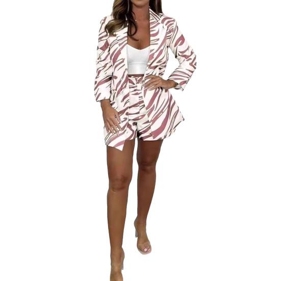 Women's Striped Print 2 Piece Outfit Long Sleeve Open Front Blazer Jacket with Shorts Set Casual Office Suit Set