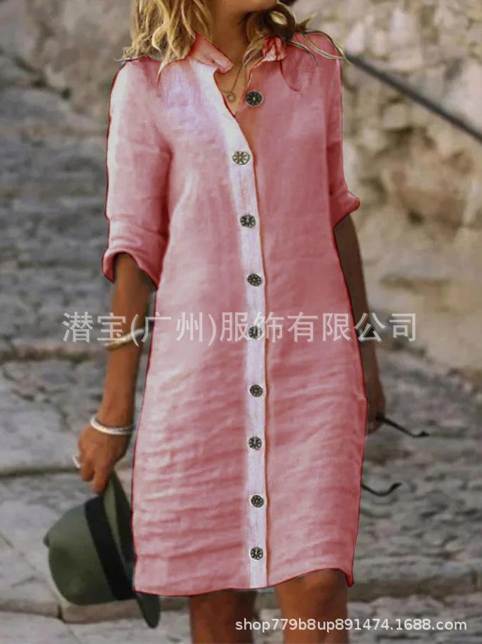 New European and American women's clothing spring and summer shirt collar large round button pure cotton cotton and linen dress