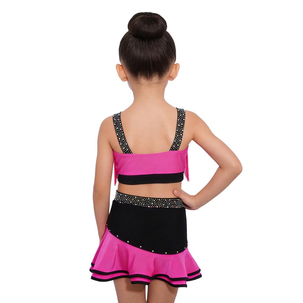 Kinder Mädchen Farbblock Latin Dance Crop Top Breite Schulterträger Quasten Strasssteine mit elastischem Bund Rock für Tango Rumba Gesellschaftstanz Performance