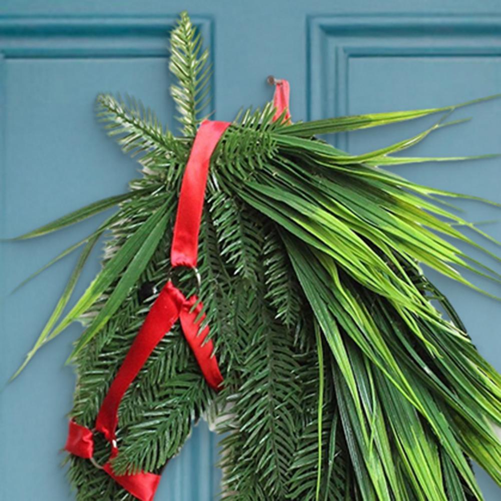 Horse Head Wreath Rustic Farmhouse Equestrian Front Door Decor Artificial Pine Branches Wreath with Red Ribbon for Wall Decor