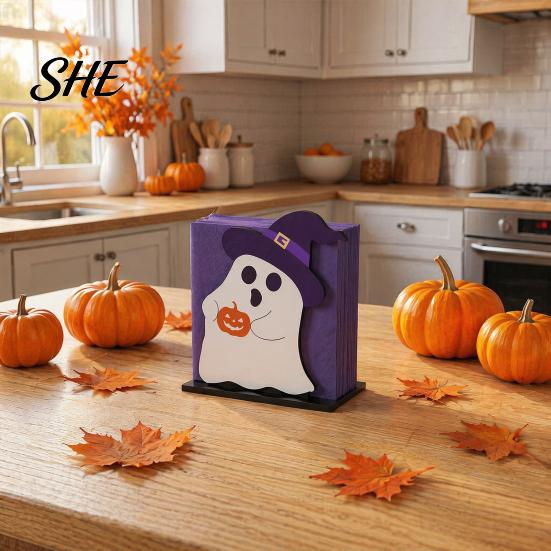 Cute Holiday Dining Accessories Halloween Ghost Wooden Napkin Holder, Paper Towel Decorative Stand Stand, Freestanding Tissue Dispenser Organizer for