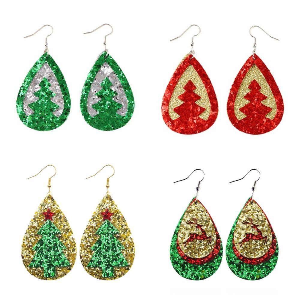 Glitter Christmas Earrings Leather Elk Drop Earrings Fashion Christmas Tree Ear Studs  Xmas
