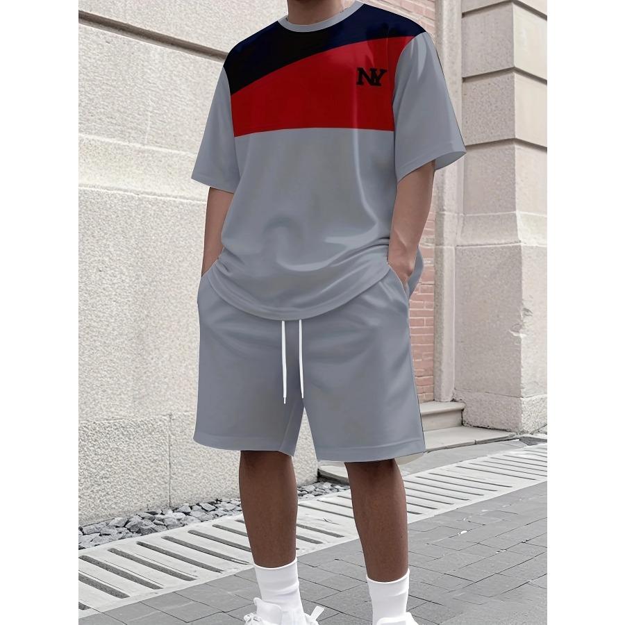 Men's Letter Print Crew Neck Short Sleeve Stylish Streetwear Men's Fashion Set Summer Casual Outdoor Vacation Two-Piece Set