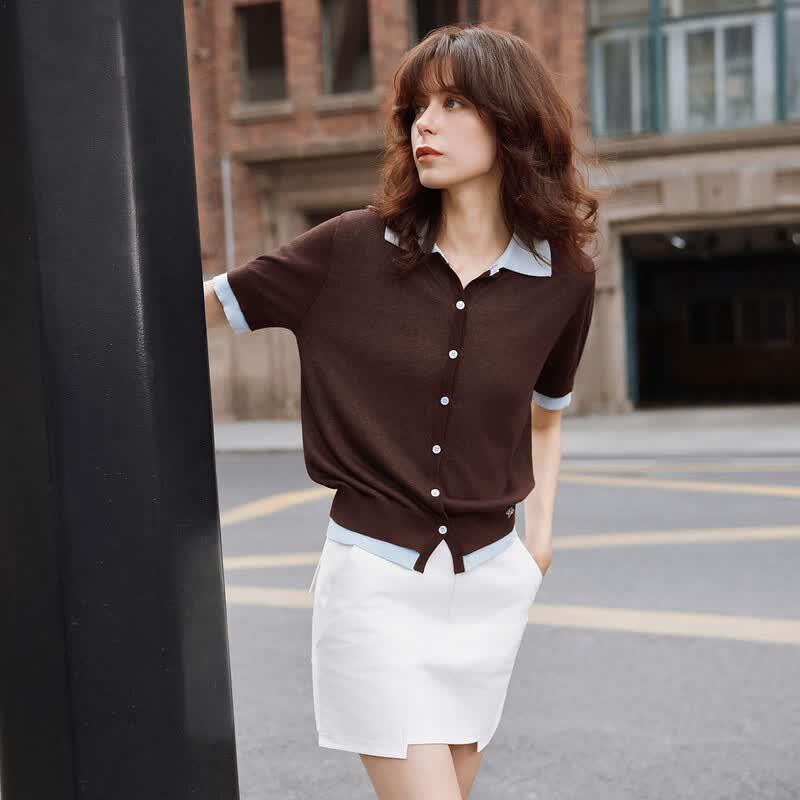 ELLE Retro Color-block Knit Polo Shirt M