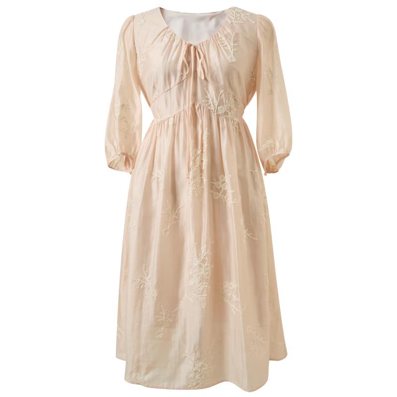 Sancai 2026 Spring French Style Lyocell Embroidered A-Line Maxi Dress S