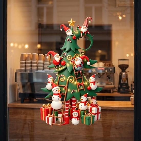 Removable Festive Home Decor Christmas Tree Window Stickers with Gnome And Snowman, Glass Stickers, PVC Self Adhesive Holiday Mural