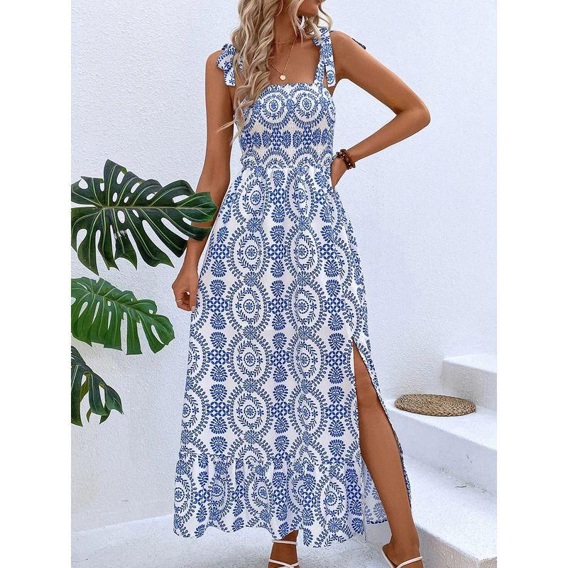 

European American Summer New Fashion off-Neck Tight Waist Retro Print Split Ruffled Mid Length Long Length Sling Dress Blue Flower with White Bottom S