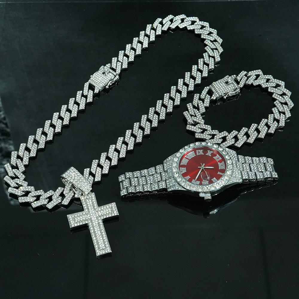 Set Collana Bracciale Catena Cubana Diamantata da Uomo 15mm Hip Hop Moda alla Moda Ciondolo Regina con Collane Catene Moda Complete