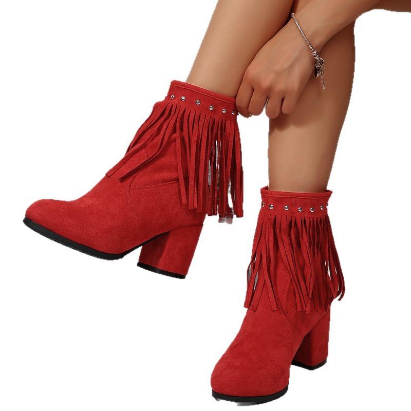 Rivet Suede Plus Size High Heeled Fashion Boots 2025 Winter New Fringed Boots for Women