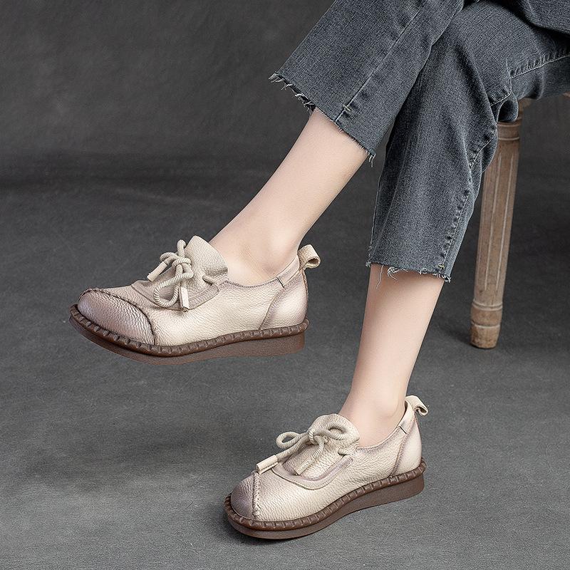 Vintage Style Wipe Color Oxford Shoes Round Toe Front Lace Up Deep V Cut Women Flats
