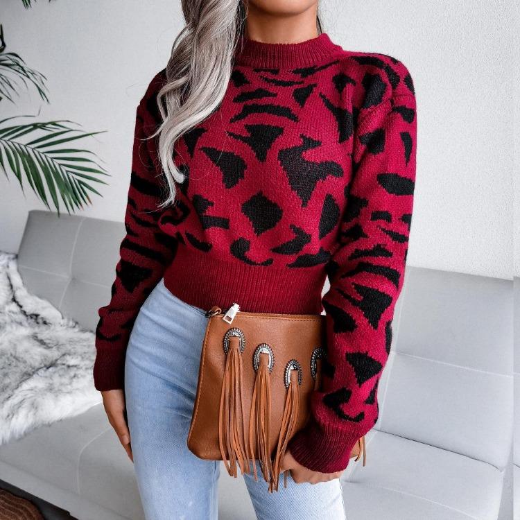 Women Autumn Winter Leopard Print Knitted Crop Sweater Long Sleeve O Neck Nipped Tops Sizes S to L