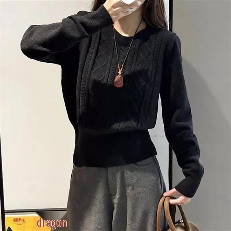 Korean Minimalist Round Neck Cable Knit Sweater for Women - Slimming Waist-Cinch, Autumn/Winter Versatile Short Top