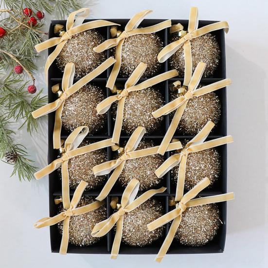 Glitter Christmas Balls Ornament Sparkly Shatterproof Tinsel Balls with Bow Sequin Hanging Ball Xmas Tree Decoration for Xmas Wedding Indoor