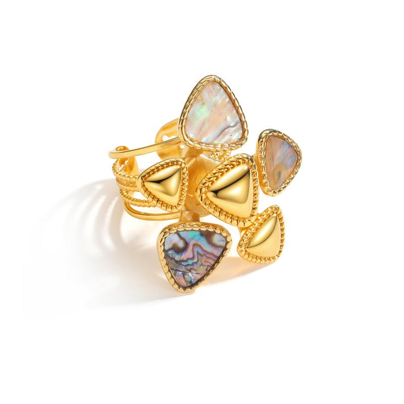 18K Gold European and American Stainless Steel Open Ring with Geometric Abalone Shell Design for Women